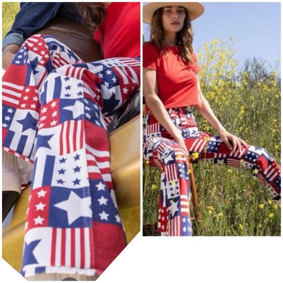 NWT Wrangler Hig Rise Boot Retro American Flag Patchwork Flare Pants 29/32 - Picture 11 of 16